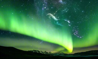 Wall Mural - A vibrant aurora borealis in the night sky. Reflecting the shifting hues of the northern lights, leaving behind trails of cosmic energy. The landscape below is bathed in an otherworldly glow
