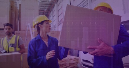 Poster - Workers in hard hats carrying box with data processing animation overlay