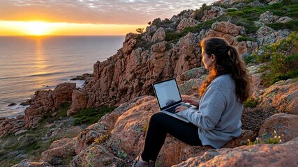 Poster - Young Business Woman Works on Computer While Enjoying Sunset at Cafe Generative AI