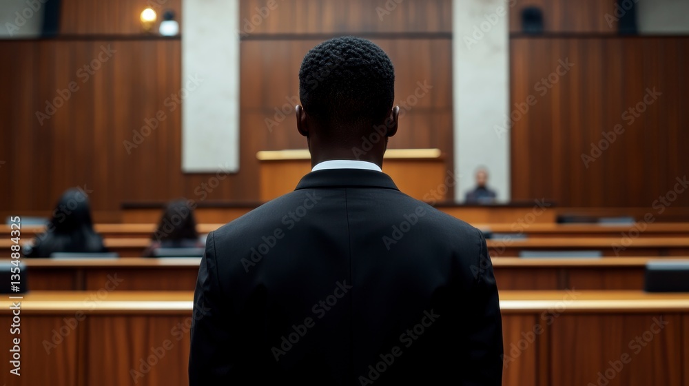 Man in suit stands in courtroom facing judge and jury. Stock Photo ...