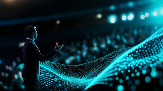 A speaker presenting to an audience with abstract digital waves and data graphics in the background.
