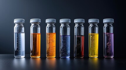 Poster - A row of glass bottles with different colored liquids in them