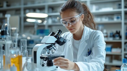 Aufkleber - A woman in a lab coat is looking through a microscope