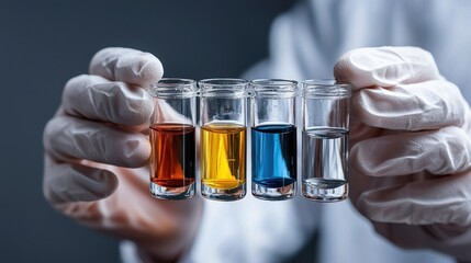 Aufkleber - A person is holding four different colored liquids in their hands