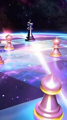 Wall Mural - vertical 9:16 A vast glowing chessboard hovers in deep space, its pieces composed of swirling galaxies and nebulae. Celestial knights gallop across the board, while a black hole king absorbs starlight