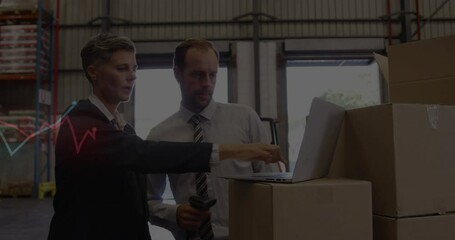 Poster - Analyzing data on laptop, business professionals in warehouse working together