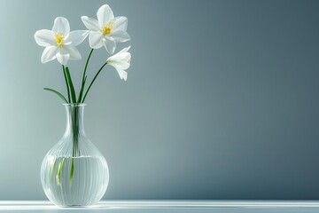 Poster - Glass vase filled with a single stem flower, positioned on a bright white surface to emphasize its delicate beauty.