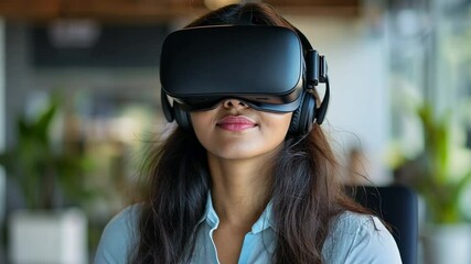 Poster - Immersive VR Experience: A young woman in a professional setting is immersed in virtual reality, her face illuminated by the digital world.