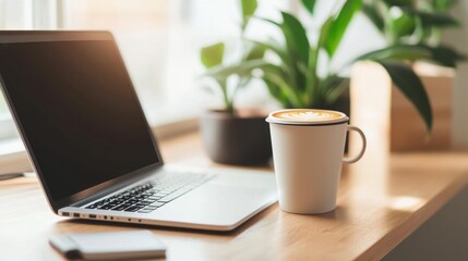 Poster - A laptop is open on a desk with a coffee cup next to it