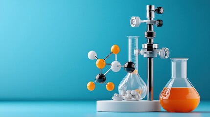 Poster - A blue background with a white table and a few chemistry beakers and test tubes