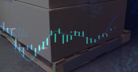 Poster - Stock market data animation over stacked cardboard boxes on wooden pallet