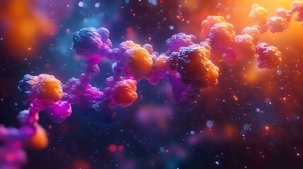 Poster - vibrant microscopic particles floating in space with glowing orange and purple colors against dark b