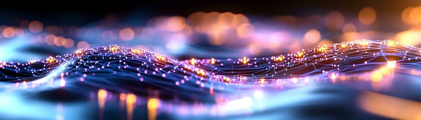 Poster - Abstract glowing wave with sparkling particles flowing on dark background, luminous blue and orange bokeh lights creating magical atmosphere.