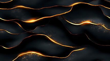 Poster - Luxurious dark waves with glowing golden lines creating abstract modern pattern. Dynamic flowing curves against black background for premium design projects.