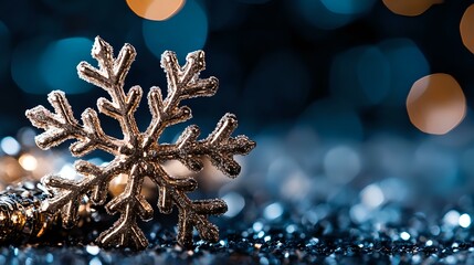 Poster - Glittering silver snowflake ornament with sparkling bokeh lights on dark blue background creates magical winter holiday atmosphere. Macro photography.