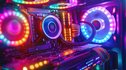 Poster - RGB lighting highlighting internal computer components inside a glass case with vivid details