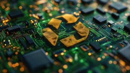 Poster - Circuit board with green recycle sign symbolizing green technology and environmental progress