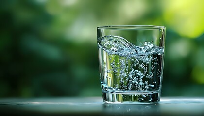 Poster - Crystal clear glass of sparkling water with dynamic splash and bubbles against blurred green natural background, capturing refreshing drink movement.