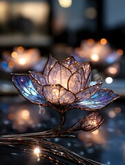 Poster - Glowing lotus flower with iridescent blue petals against blurred bokeh background, illuminated from within creating magical atmosphere for spiritual concepts.
