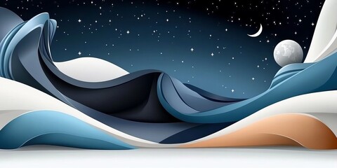 Poster - Abstract night landscape featuring flowing waves and celestial elements under a starry sky