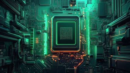 Poster - Green technology in action with a computer chip symbolizing sustainable green computing