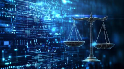 Poster - Scales of justice against a digital background, symbolizing cyber law and data security.
