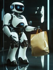 Aufkleber - Friendly futuristic delivery robot serves groceries in a clean modern cyberpunk setting with smooth lighting and reflections