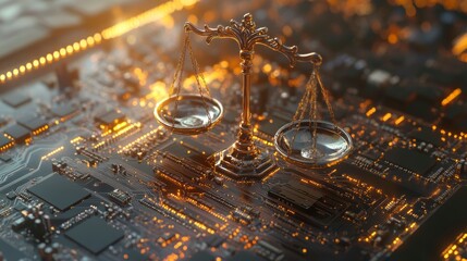 Poster - Justice scales on a circuit board, symbolizing digital law and technology.