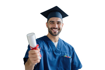 Poster - Young male medical graduate in blue scrubs and cap holding diploma, smiling confidently. Isolated on white background, concept of success. Ai generative