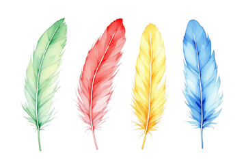 Poster - Four colorful watercolor feathers in green, red, yellow, and blue isolated on a white background. Artistic design concept. Ai generative