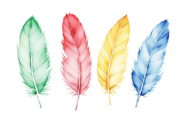 Poster - Four vibrant feathers in green, red, yellow, and blue isolated on a white background. Artistic closeup design element for creative layouts. Ai generative