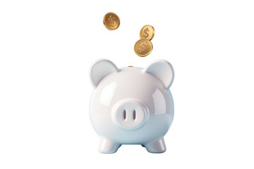 Aufkleber - White piggy bank with gold coins falling in, isolated on white background. Concept of saving money, investment, and financial growth. Ai generative