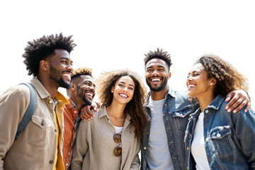 Poster - Diverse group of young friends smiling and embracing each other on a white background. Concept of friendship, happiness, and togetherness. Ai generative