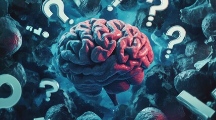 Aufkleber - 3D rendered human brain surrounded by question marks, symbolizing questions and uncertainty.