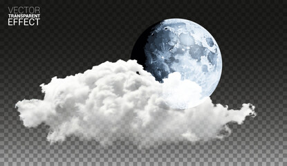 Wall Mural - realistic full moon with clouds isolated on a transparent background. white fog. glowing milk moon. 