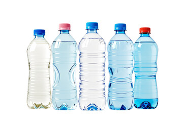 Aufkleber - Various plastic water bottles with colored caps isolated on white background, arranged in a row. Clean and transparent design concept. Ai generative