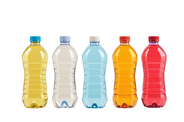Poster - Assorted plastic bottles with colorful beverages isolated on white background. Clean design for packaging, branding, and product presentation. Ai generative