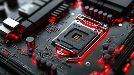 Poster - Computer motherboard CPU socket in closeup emphasizing technology and circuit board design