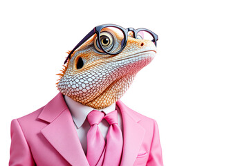 Poster - Lizard dressed in pink suit with glasses on white background, creative animal fashion concept. Ai generative