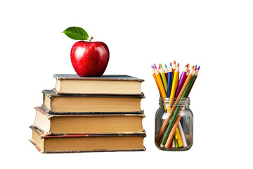 Poster - Stack of books with a red apple on top and a jar filled with colored pencils, isolated on a white background. Concept of education and learning. Ai generative