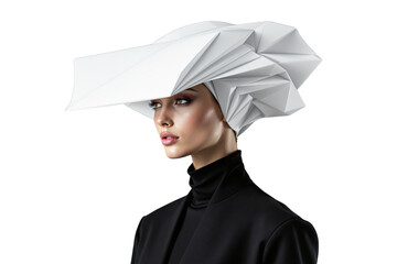 Poster - Elegant woman in black outfit wearing avant-garde origami-style white hat, isolated on white background. Concept of futuristic fashion. Ai generative