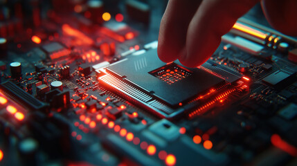 Poster - Hand placing a CPU onto a motherboard socket emphasizing intricate computer hardware design