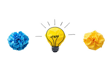 Poster - Crumpled blue and yellow paper forming a creative lightbulb design on a white background. Concept of creativity, brainstorming, and innovation. Ai generative
