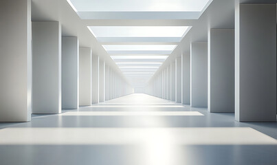Aufkleber - A long, bright corridor with white columns creates an abstract background. The minimalist architecture features clean lines and a strong sense of perspective, leading towards a light source, -