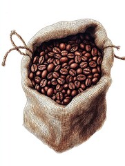 Poster - Burlap sack overflowing with fresh roasted coffee beans showcasing coffee production and trade in a vibrant artistic illustration