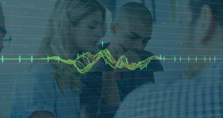 Poster - Collaborating in office, diverse business professionals with financial data graph animation