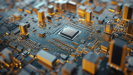 Poster - Close-up macro shot of green circuit board featuring intricate patterns and connections