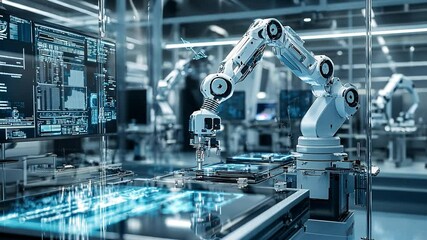 Poster - Robotics Automation in Modern Industry: A dynamic view showcases a futuristic factory floor, where sleek robotic arms work with precision amidst high-tech machinery. 