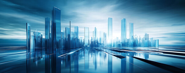 Poster - Futuristic blue cityscape with abstract glass-like buildings rising against a blurred horizon. Reflective surface adds depth to the modern urban scene