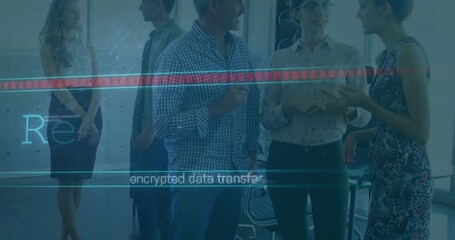 Poster - People discussing in office with encrypted data transfer animation overlay